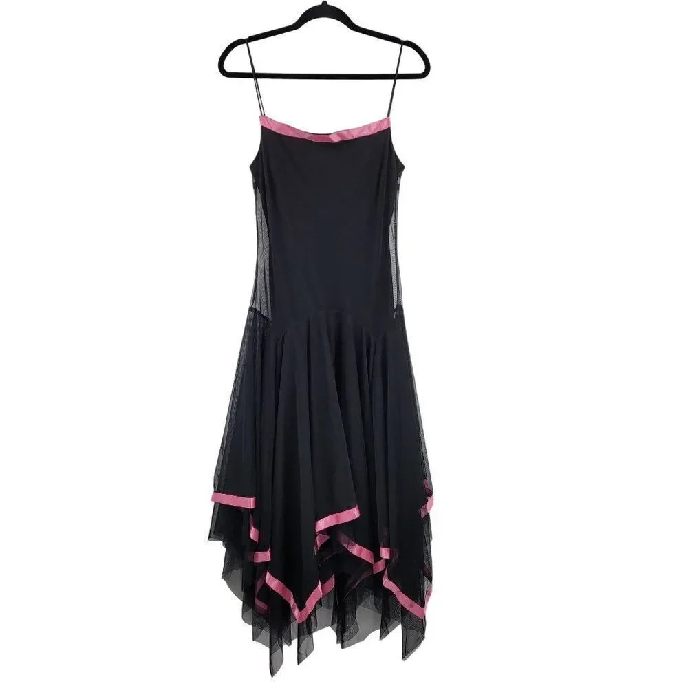 Vintage 90s Midi Dress M Black Mesh Overlay Pink Ribbon Trim Scarf Hem Goth - Picture 3 of 13